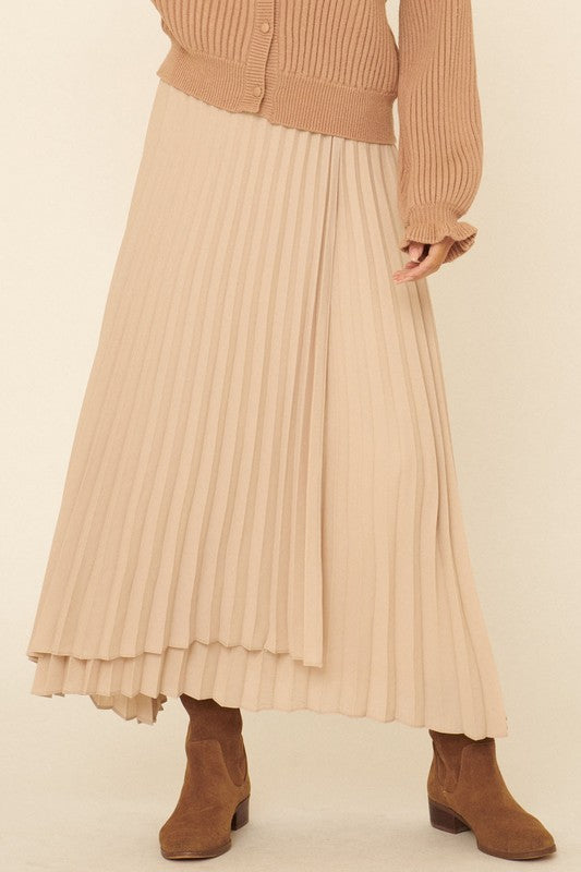 Solid Accordion Pleated Wrap Maxi Skirt