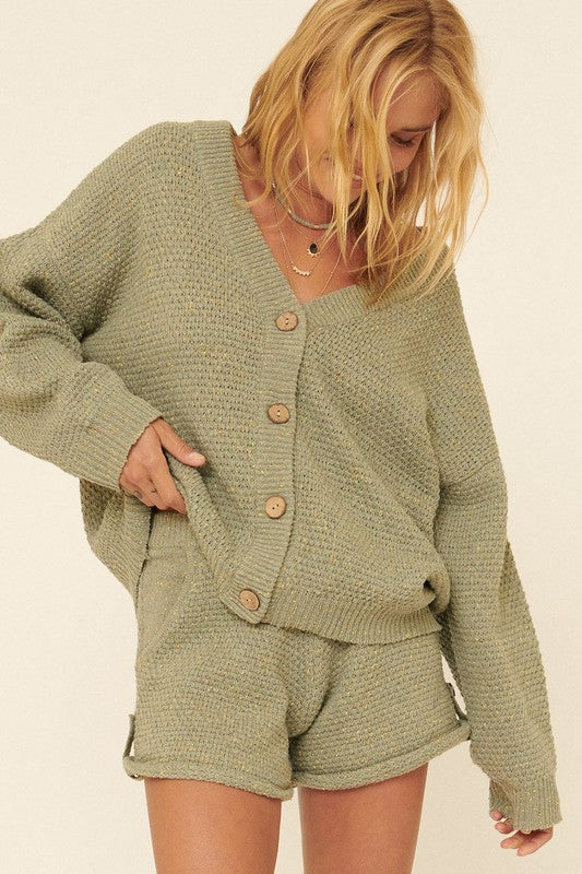 Waffle Knit Button-Front Cardigan Sweater