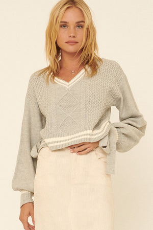 Solid Cable Knit V Neck Stripe Sweater