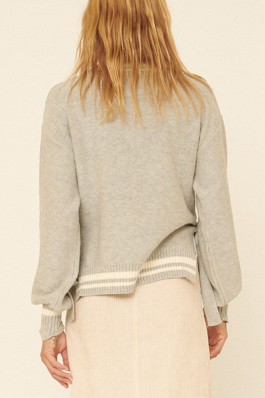 Solid Cable Knit V Neck Stripe Sweater